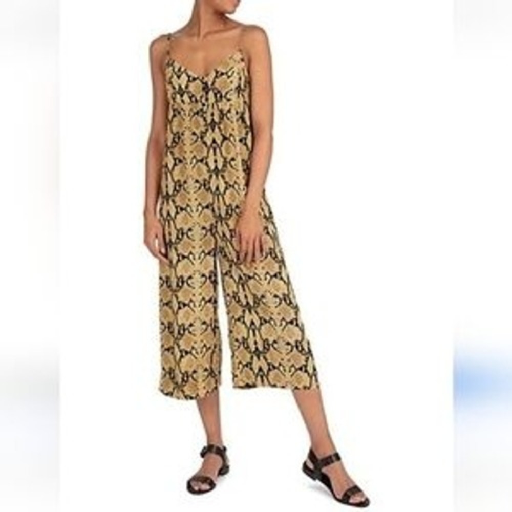 ba&sh Women Tan Black Animal Print V-Neck Spaghetti Strap Wide Leg Jumpsuit S